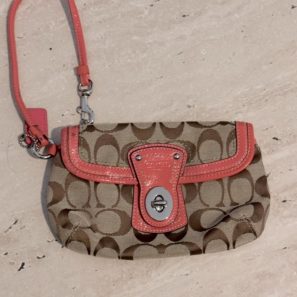 Coach Brown and Pink Monogram Wristlet